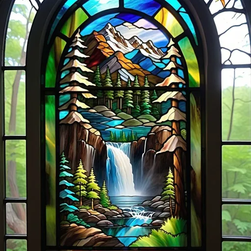 Prompt: stained glass window of waterfall and nature, bob ross