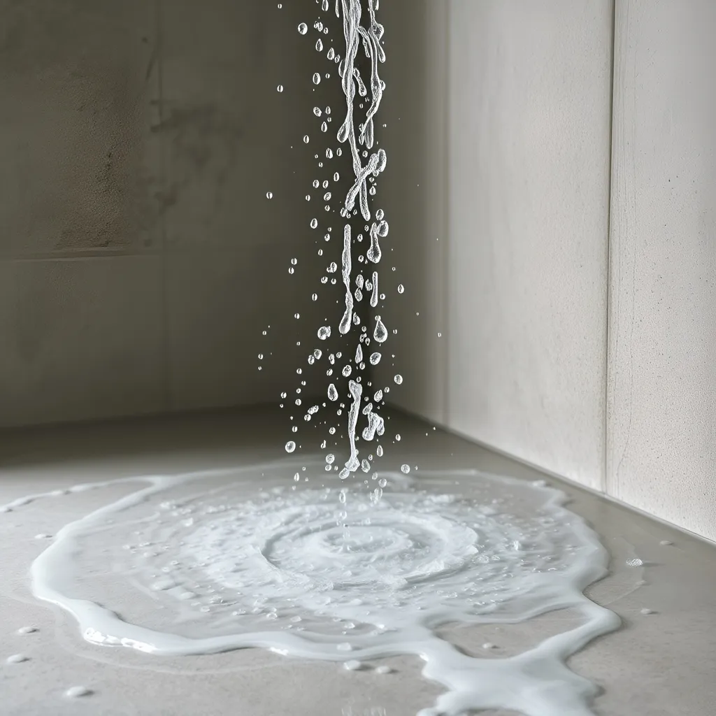 Prompt: Water from the shower falls from a high place to the floor, the water touches the surface and throws water droplets up. Water spread around the floor. The floor is tilted 30 degrees, , the water on the floor flows from left to right.