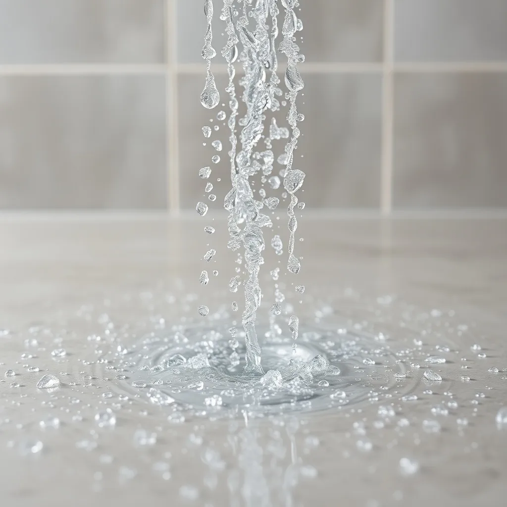 Prompt: Water from the showerhead falls to the floor from above, the water hits the surface and throws up water droplets. Water spread around the floor