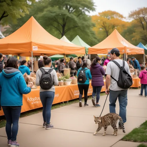 Prompt: (PAWS adoption event), stray animals in need of homes, vibrant atmosphere, bustling vendors, cheerful activists, (Lincoln Park Zoo backdrop), colorful tents, happy families interacting with animals, warm lighting, inviting ambiance, (high-quality resolution), event atmosphere filled with hope and community spirit.