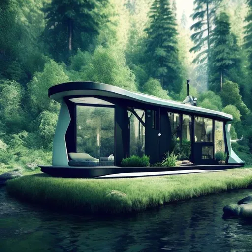 Prompt: Futuristic tiny home in primal forest, next to river, highres, ultra-detailed, futuristic, nature, tiny house, forest setting, river, eco-friendly design, sustainable living, lush greenery, immersive atmosphere, serene river, modern architecture, natural lighting