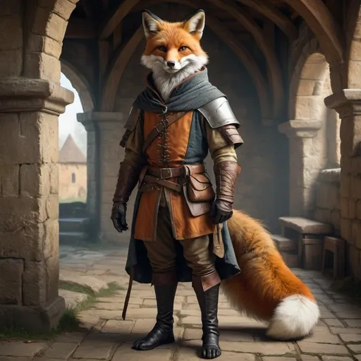 Prompt: realistic full body portrait of a male fox rogue in a medieval setting with high definition fur