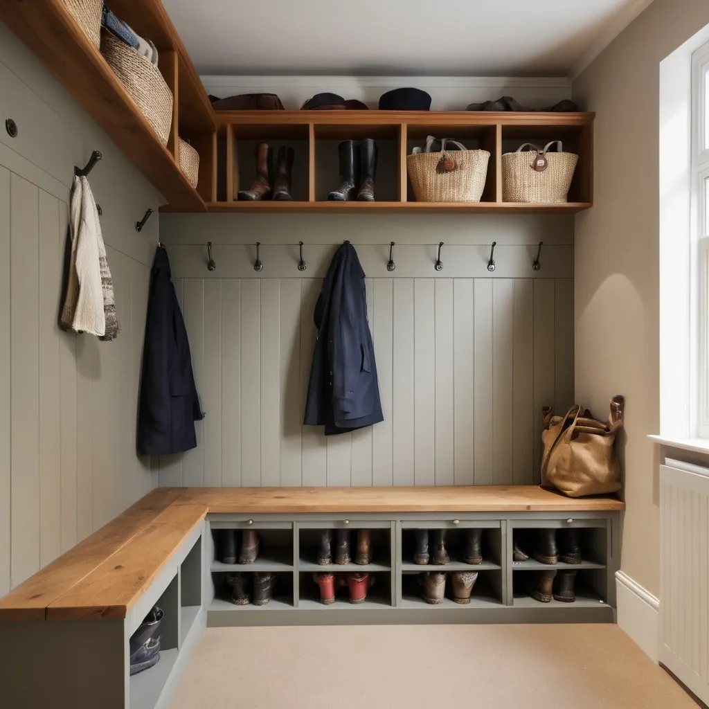 Prompt: boot room, seating coats, storage