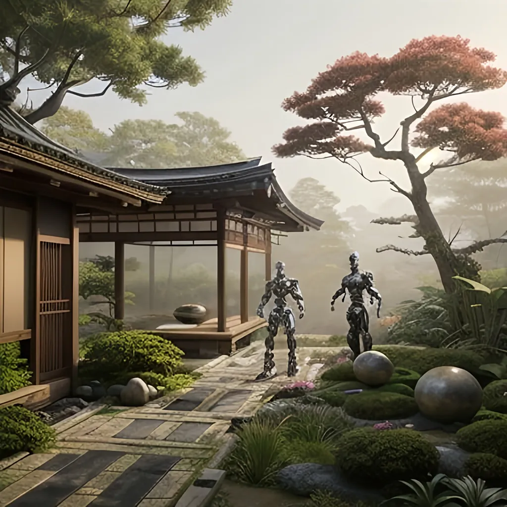 Prompt: Realistic 4K digital painting of a powerful robot surrounded by fitness men, serene Japanese wabi-sabi-style garden, sci-fi, sunrise scene, smoky atmosphere, detailed metallic textures, serene and tranquil setting, futuristic android design, serene and tranquil setting, strong and sturdy robot, human figures with minimalist clothing, peaceful and harmonious atmosphere, high-quality, detailed robotics, serene garden setting, sunrise lighting, serene atmosphere, digital painting, realistic, sci-fi, detailed metallic textures, tranquil, wabi-sabi style, smoky atmosphere, serene garden