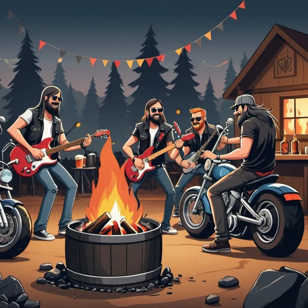 Prompt: Rock band playing at a keg party with motorcycles and a bonfire in the background in cartoon style
