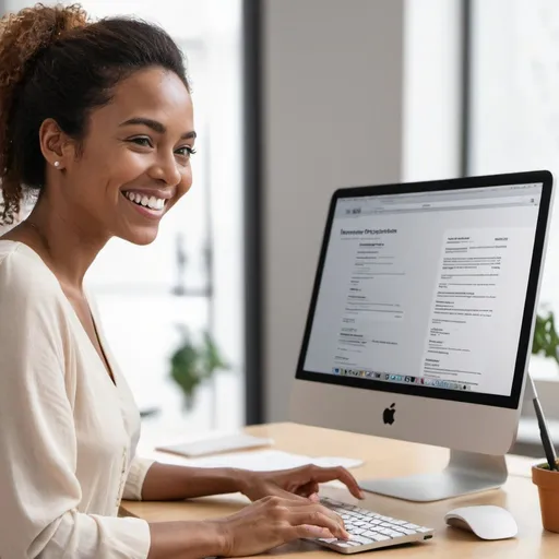 Prompt: woman smiling and using procurement application on an iMac, she is looking at the computer screen
