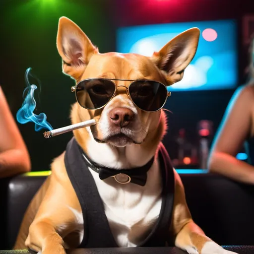 Prompt: a dog wearing sunglasses smoking a blunt in the club