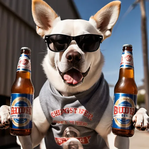 Prompt: a dog wearing sunglasses holding 40 oz bottles of cheap beer. the dog looks gangsta