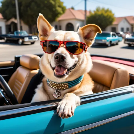 Prompt: a dog wearing sunglasses driving a lowrider convertible