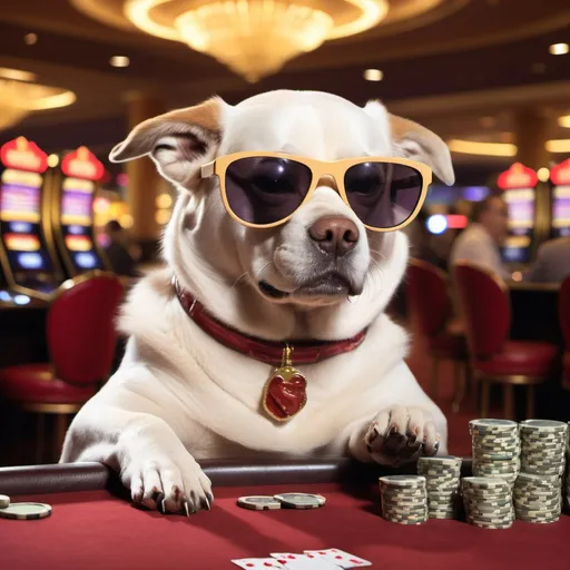 Prompt: a dog wearing sunglasses in a casino making a lot of money