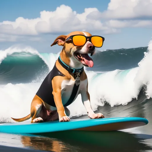 Prompt: a dog wearing sunglasses smoking a blunt riding a surfboard on a gnarly wave