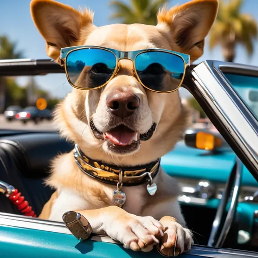 Prompt: a dog wearing sunglasses driving a lowrider convertible