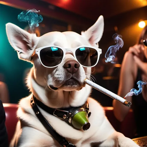 Prompt: a dog wearing sunglasses smoking a blunt in the club