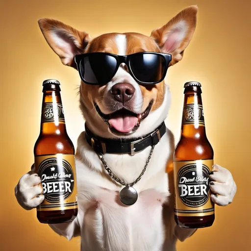 Prompt: a dog wearing sunglasses holding 40 oz bottles of cheap beer. the dog looks gangsta