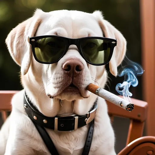 Prompt: a dog wearing sunglasses smoking a blunt