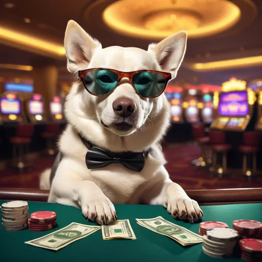 Prompt: a dog wearing sunglasses in a casino making a lot of money