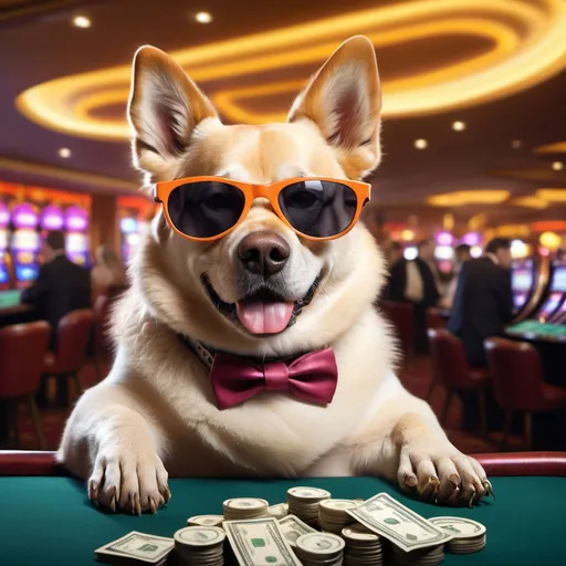 Prompt: a dog wearing sunglasses in a casino making a lot of money