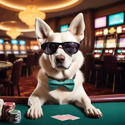 Prompt: a dog wearing sunglasses in a casino making a lot of money