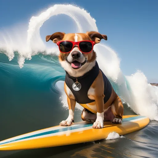 Prompt: a dog wearing sunglasses smoking a blunt riding a surfboard on a gnarly wave