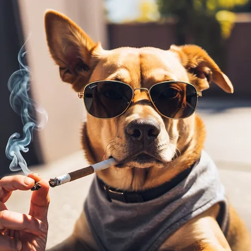 Prompt: a dog wearing sunglasses smoking a blunt