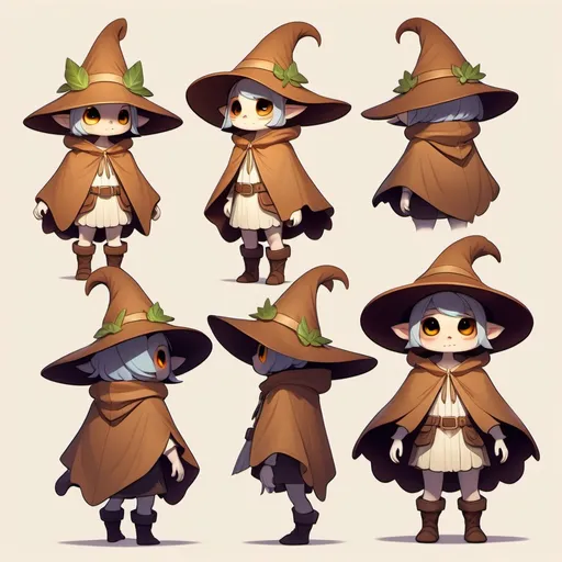 Prompt: Create a 2D concept art sheet of a small, adorable fantasy character, with front, left, right, and back views. The character should have a large, floppy pointed hat that almost hides their face, leaving only big, glowing eyes that give an innocent and curious look. Dress them in a cozy, oversized cloak with soft, leaf-like layers and cute, rounded patterns. Add small details like a tiny pouch, a mini mushroom or crystal-topped staff, and a scarf that wraps snugly around their neck. Use warm, gentle colors like soft greens, browns, and a touch of glow. Make the character look cuddly and magical, with a faint aura of sparkles or fireflies around them to complete the enchanting, cute vibe