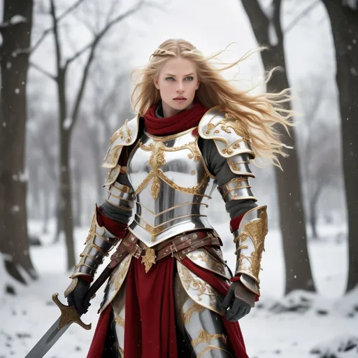 Prompt: : "In a snow-covered battlefield, a valiant warrior stands tall, clad in intricate medieval-style armor adorned with gold and red accents. The warrior's long, flowing blonde hair cascades down her back as she grips a gleaming, ornate sword in one hand, ready for battle. Behind her, a legion of armored allies prepares for the impending conflict, their figures barely visible through the swirling snow. The atmosphere is tense, with a cold wind howling through the air, carrying the distant sounds of