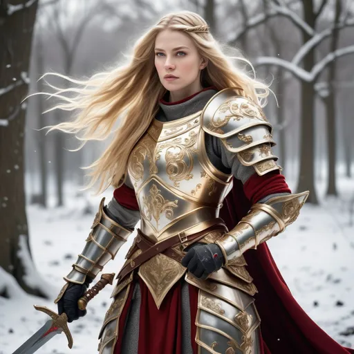 Prompt: : "In a snow-covered battlefield, a valiant warrior stands tall, clad in intricate medieval-style armor adorned with gold and red accents. The warrior's long, flowing blonde hair cascades down her back as she grips a gleaming, ornate sword in one hand, ready for battle. Behind her, a legion of armored allies prepares for the impending conflict, their figures barely visible through the swirling snow. The atmosphere is tense, with a cold wind howling through the air, carrying the distant sounds of