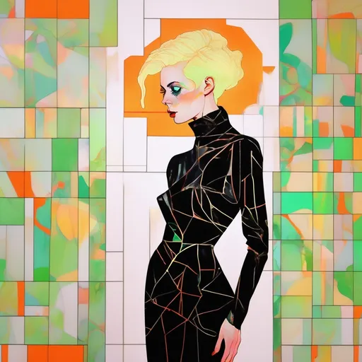 Prompt: Egon Schiele style. Full body shot. A woman in a black suit dress, platinum pixie bob hair, stands in front of a mosaic. Neon green, neon orange, black, and gold. Expressive ink bleeds, delicate organic lines. Vibrant ambient lighting, bright colors. Elegant, ethereal, highly detailed, classic, dreamy, colorful, intricate, organic, masterpiece, 8k resolution, artistic, illustrator, portrait, fashion, luxury.