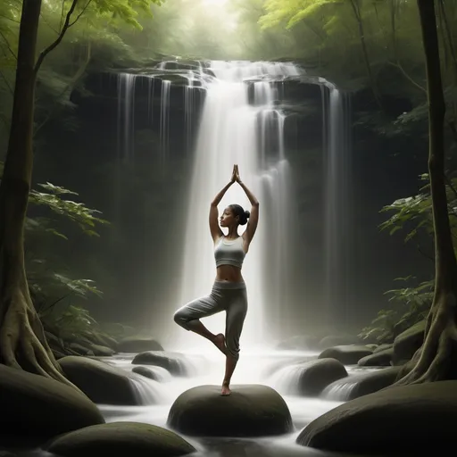 Prompt: "Create a dynamic, visually compelling image illustrating the concept of 'Conscious Movement.' The scene should feature a serene human figure in motion, blending elements of yoga, tai chi, and dance, set in a natural environment, such as a forest or near a waterfall, symbolizing harmony with nature. The figure should appear calm, centered, and mindful, with flowing energy lines around them representing balance and internal awareness. The colors should evoke tranquility—soft greens, blues, and warm earth tones—with subtle light effects to enhance the feeling of mindfulness and inner connection."