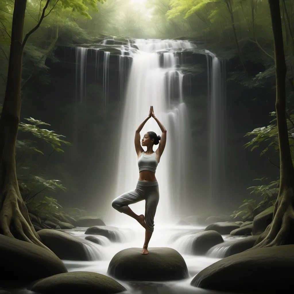 Prompt: "Create a dynamic, visually compelling image illustrating the concept of 'Conscious Movement.' The scene should feature a serene human figure in motion, blending elements of yoga, tai chi, and dance, set in a natural environment, such as a forest or near a waterfall, symbolizing harmony with nature. The figure should appear calm, centered, and mindful, with flowing energy lines around them representing balance and internal awareness. The colors should evoke tranquility—soft greens, blues, and warm earth tones—with subtle light effects to enhance the feeling of mindfulness and inner connection."