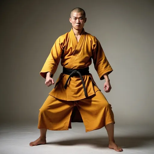 Prompt: a fighter in a shaolin monk like robe but with the body covered. short hair. 