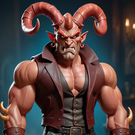 Prompt: A deamon with curling horns from his head, a muscular frame and reddish skin wearing a leather waistcoat and trousers