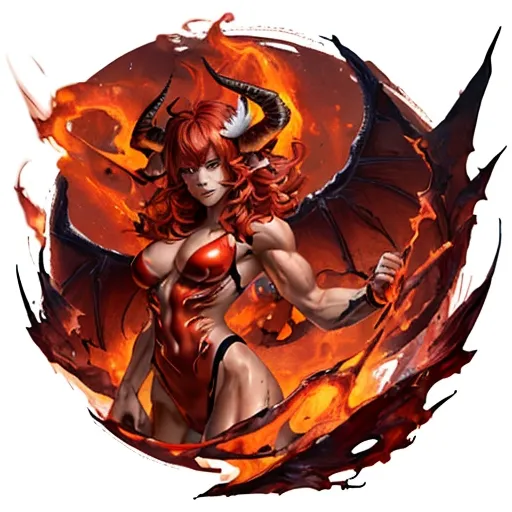 Prompt: muscular fire deamon with curling horns and a reddish skin