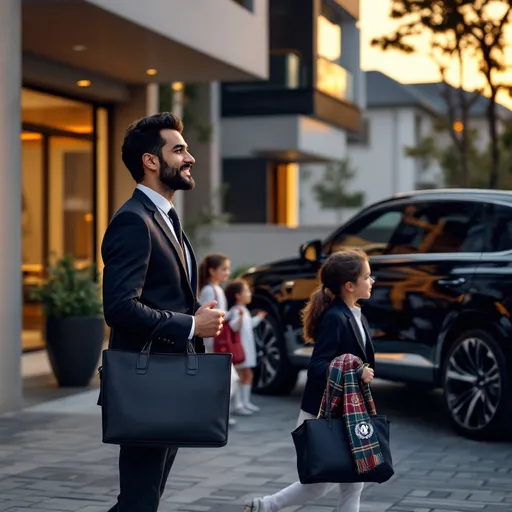 Prompt: A calm early morning scene in a peaceful, modern city neighborhood. A well-dressed Afghan man in his late 30s, confident and composed, is walking toward his car—a clean, elegant SUV—outside a stylish apartment building, symbolizing stability. He carries a laptop bag with a UN logo, representing his role in the international development sector. His four daughters, wearing neat school uniforms, wave goodbye from the apartment entrance as they prepare for school. The man glances at his smartwatch, focused and ready for the day. In the background, there's a glimpse of a home office with books like 'Atomic Habits', 'The Psychology of Money', and 'Deep Work' on a shelf. The scene captures purpose, professionalism, family love, and the realization of a dream built on discipline, vision, and resilience.