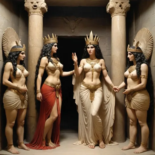 Prompt: Mesopotamian goddess of love, war, and fertility, Ishtar, meeting her sister Ereshkigal, the queen of the underworld