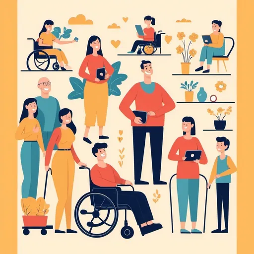 Prompt: Flat illustration people with disability, no wheelchair, accessibility, smart home, usability, autonomy at home, family
