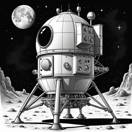 Prompt: black and white cartoon hand drawing of the moon lander. height of 200px and width of 400px
