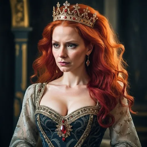Prompt: queen with red hair and a beautiful dress strong willed and evil 