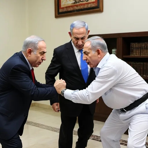 Prompt: Photo of Bibi Netanyahu fighting against Yahya Snuar