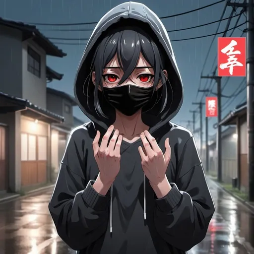 Prompt: create a young colocho with a black mask and a sweater running at night in the form of an anime that looks melancholic and rainy and that the subject's hands are stained with blood running but that the anime is 2d that does not look like Japanese