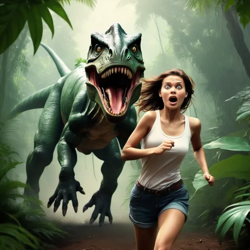 Prompt: In jungle, a beautiful young woman run to servieve herself by a dinasour, she wearing a short, scared, 