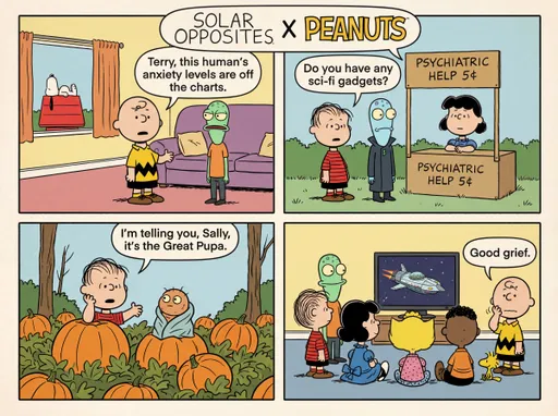 Prompt: Comic page of solar opposites with peanuts characters