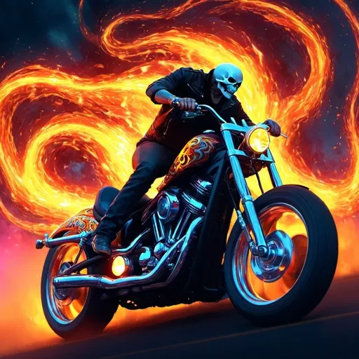 Prompt: Create an electrifying scene by blending elements of a psychedelic universe with vibrant, swirling, “Ghost Rider”-style fog arcs, intricate fantasy lines, and three-dimensional effects. Incorporate fiery sparks, streaks of light, and a mix of colors that are reminiscent of the Ghost Rider scenes from the film. Within this cosmic setting, place a sleek motorcycle as the focal point, blending seamlessly into the fantastical environment., Mysterious