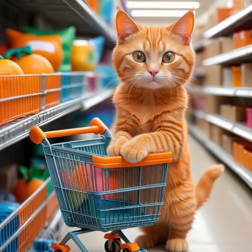 Prompt: Orange Cat holding a color orange shopping cart 