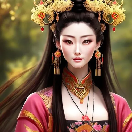Prompt: Ancient Chinese royal lady. with big chest, beautiful, hyper realistic, anime-like