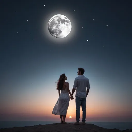 Prompt: a bewtiful girl looking to the moon with her husband a romantic sceen
