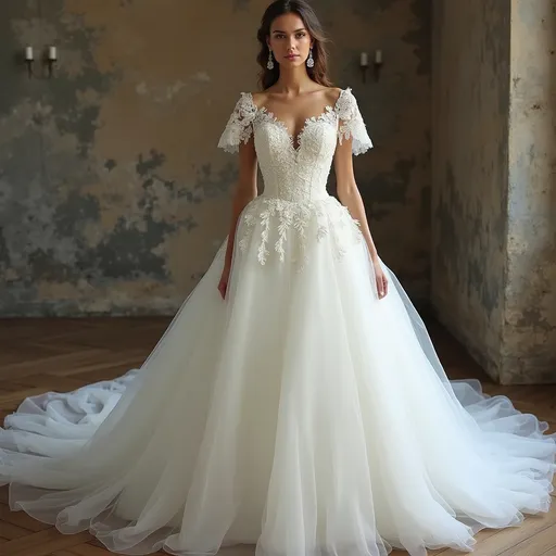 Prompt: A beautiful floor length wedding gown. Ruffel layers bottom.  Corset V Neck with flower lace. Butterfly sleeves. 