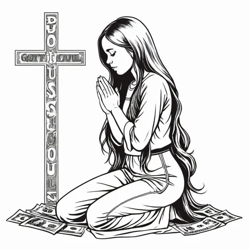 Prompt: can you incorporate the words "you got the money, i got the soul" in English with a flat line art of a girl with long hair praying on her knees and a cross
