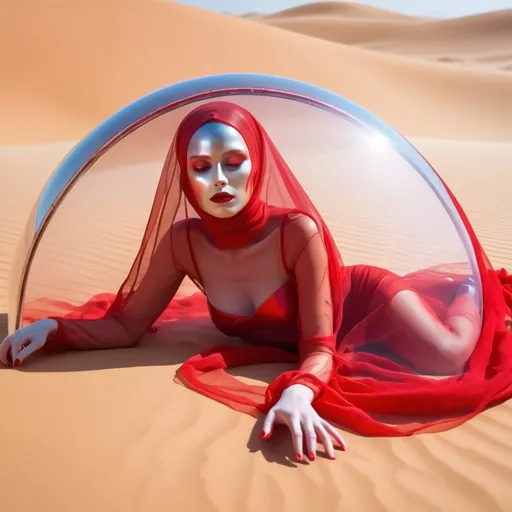 Prompt: female android in hot red shoes lying in the desert with a transparent veil on her face, red desert sun in the background