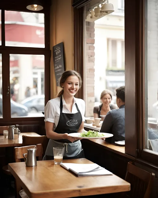 Prompt: A charming photograph of a small urban café during lunchtime. A waitress, wearing an apron and smiling, serves a salad to acustomer seated at a table near the window. Adjacent to her, a sultry woman in a revealing professional costume consults documents on her laptop. In the background, other customers chat or savor their meals, while streams of sunlight filter through the large windows. The atmosphere is cozy and inviting, with a blend of casual and professional patrons., photo
